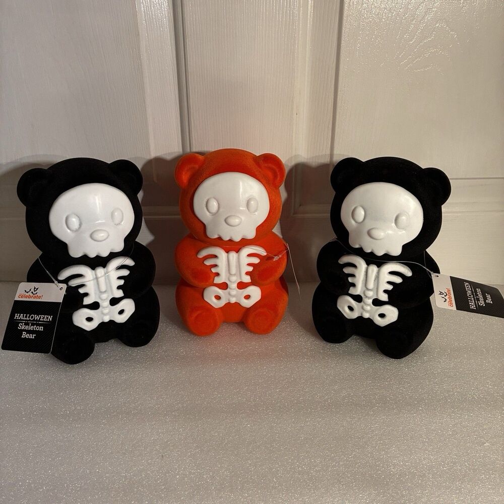 Halloween Skeleton felt Bears, 2 black and 1 orange 7 inches tall. New with Tags